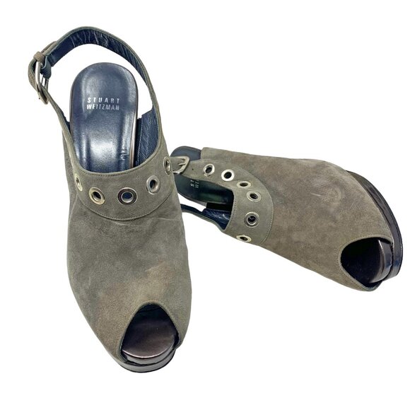 Stuart Weitzman Portside Gray Suede Grommet Platform Slingback Stiletto - Picture 10 of 12